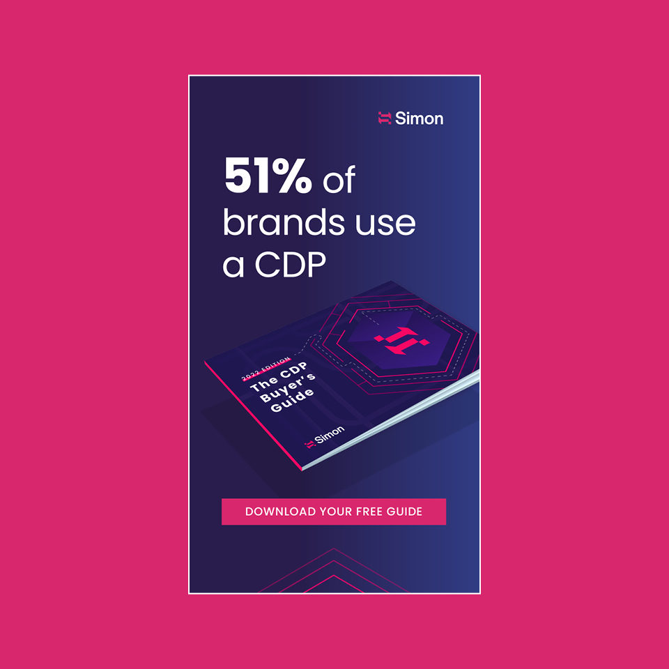 A vertical ad for Simon Data show the cover of a book and the text 50% of brands use a CDP