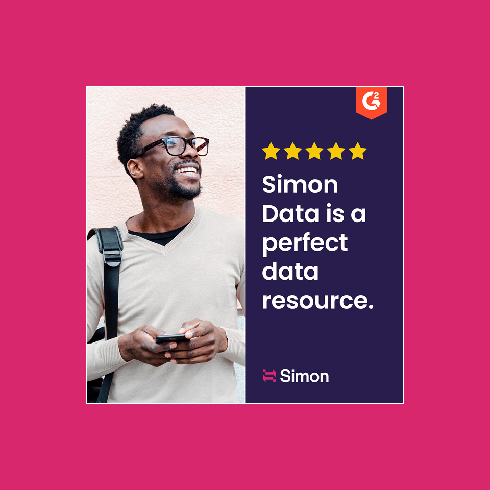 An ad for Simon Data featuring a man holding a phone looking off in the distance smiling with a testimonial and stars to his right