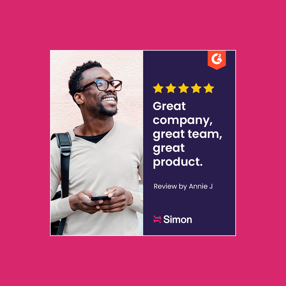 An ad for Simon Data featuring a man holding a phone looking off in the distance smiling with a testimonial and stars to his right