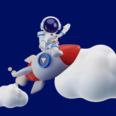 Illustration of an astronaut riding on a spaceship up in the clouds with a blue background